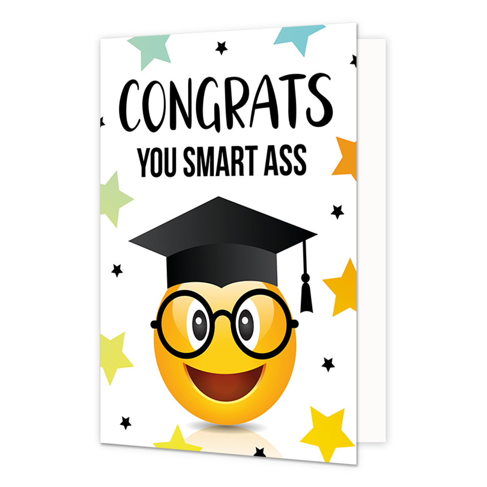 Congrats you smart ass - Formaat: Normaal - Vorm: Staand - Geslaagd kaart - Op deze wenskaart staat een smiley met afstudeerhoedje en daarboven de tekst: "Congrats you smart ass". - Snelwenskaart