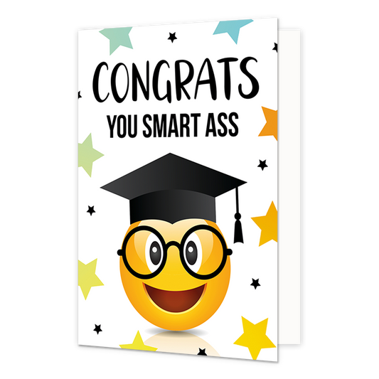 Congrats you smart ass - Formaat: Normaal - Vorm: Staand - Geslaagd kaart - Op deze wenskaart staat een smiley met afstudeerhoedje en daarboven de tekst: "Congrats you smart ass". - Snelwenskaart