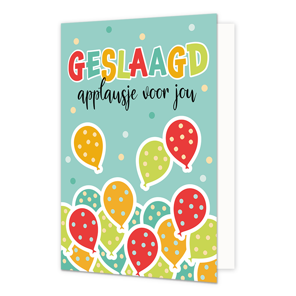 Geslaagd applausje voor jou - Formaat: Normaal - Vorm: Staand - Geslaagd kaart - Op deze wenskaart staan ballonnen in de kleuren geel, blauw, groen en rood met daarboven de tekst: "Geslaagd applausje voor jou". - Snelwenskaart