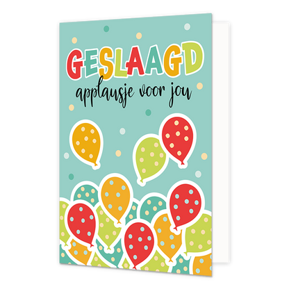 Geslaagd applausje voor jou - Formaat: Normaal - Vorm: Staand - Geslaagd kaart - Op deze wenskaart staan ballonnen in de kleuren geel, blauw, groen en rood met daarboven de tekst: "Geslaagd applausje voor jou". - Snelwenskaart
