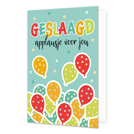 Geslaagd applausje voor jou - Formaat: Normaal - Vorm: Staand - Geslaagd kaart - Op deze wenskaart staan ballonnen in de kleuren geel, blauw, groen en rood met daarboven de tekst: "Geslaagd applausje voor jou". - Snelwenskaart