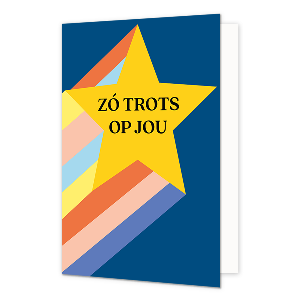 Zo trots op jou - Formaat: Normaal - Vorm: Staand - Geslaagd kaart - Op deze wenskaart staat een grote gele ster met de tekst: "Zó trots op jou". - Snelwenskaart