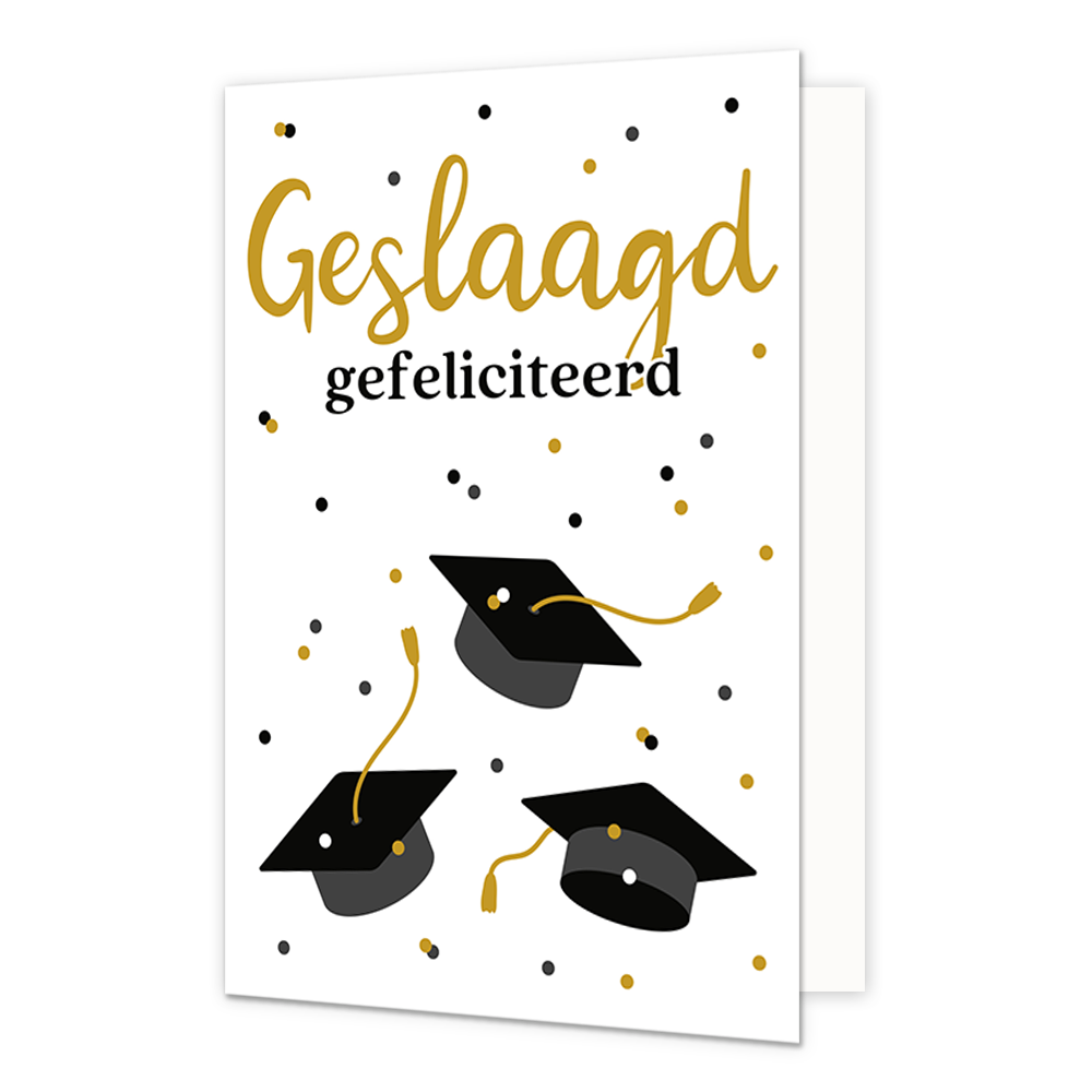 Geslaagd gefeliciteerd - Formaat: Normaal - Vorm: Staand - Geslaagd kaart - Op deze wenskaart staan afstudeerhoedjes met daarboven de tekst: "Geslaagd gefeliciteerd". - Snelwenskaart