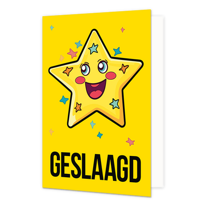 Geslaagd - Formaat: Normaal - Vorm: Staand - Geslaagd kaart - Op deze wenskaart staan sterren in de kleuren geel, groen, blauw en oranje met de tekst: "Geslaagd". - Snelwenskaart