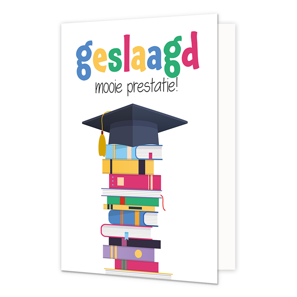 Geslaagd mooie prestatie - Formaat: Normaal - Vorm: Staand - Geslaagd kaart - Op deze wenskaart staat een stapel boeken met een afstudeerhoedje bovenop en daarboven de tekst: "Geslaagd mooie prestatie!". - Snelwenskaart