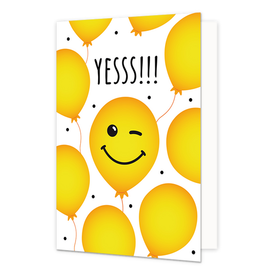 Yesss!!! - Formaat: Normaal - Vorm: Staand - Geslaagd kaart - Op deze wenskaart staan gele ballonnen met daarboven de tekst: "Yesss!!!". - Snelwenskaart