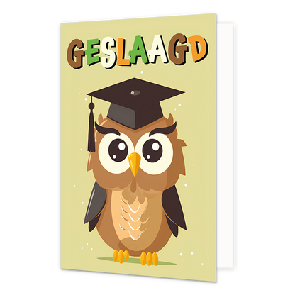 Geslaagd - Formaat: Normaal - Vorm: Staand - Geslaagd kaart - Op deze wenskaart staat een uil met een afstudeerhoedje op en daarboven de tekst: "Geslaagd". - Snelwenskaart