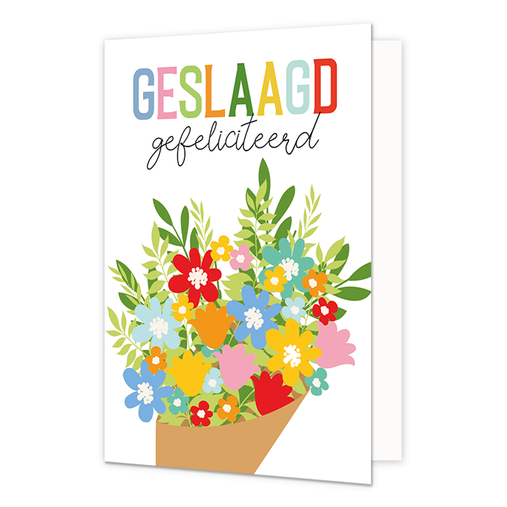Geslaagd gefeliciteerd - Formaat: Normaal - Vorm: Staand - Geslaagd kaart - Op deze wenskaart staat een bloemenboeket met daarbove de tekst: "Geslaagd gefeliciteerd". - Snelwenskaart