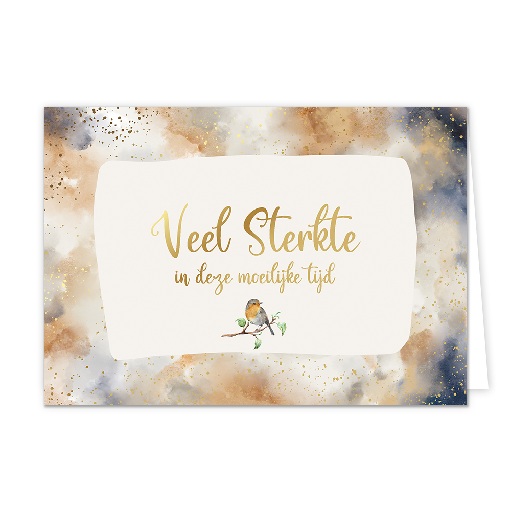 Veel sterkte - Formaat: Normaal - Vorm: Liggend - Sterkte kaart - Op deze artistieke wenskaart is een ontwerp te zien met de kleuren bruin, beige, wit, grijs en goud. In het midden zit een wit vlak met de tekst: "Veel sterkte in deze moeilijke tijd". - Snelwenskaart