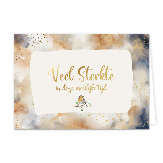 Veel sterkte - Formaat: Normaal - Vorm: Liggend - Sterkte kaart - Op deze artistieke wenskaart is een ontwerp te zien met de kleuren bruin, beige, wit, grijs en goud. In het midden zit een wit vlak met de tekst: "Veel sterkte in deze moeilijke tijd". - Snelwenskaart