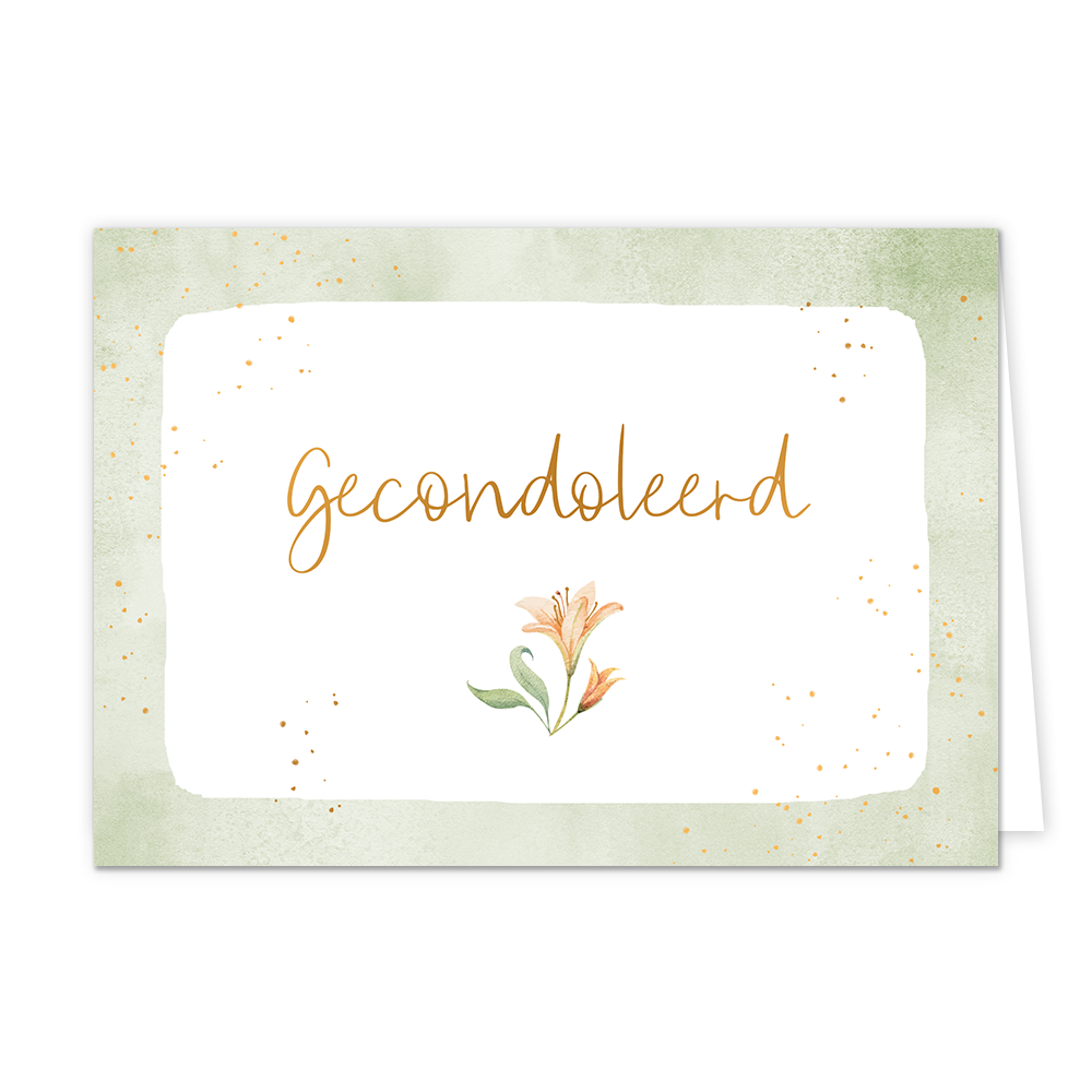 Gecondoleerd - Formaat: Normaal - Vorm: Liggend - Condoleance kaart - Op deze wenskaart staat een beige bloem met daarboven de tekst: "Gecondoleerd". - Snelwenskaart