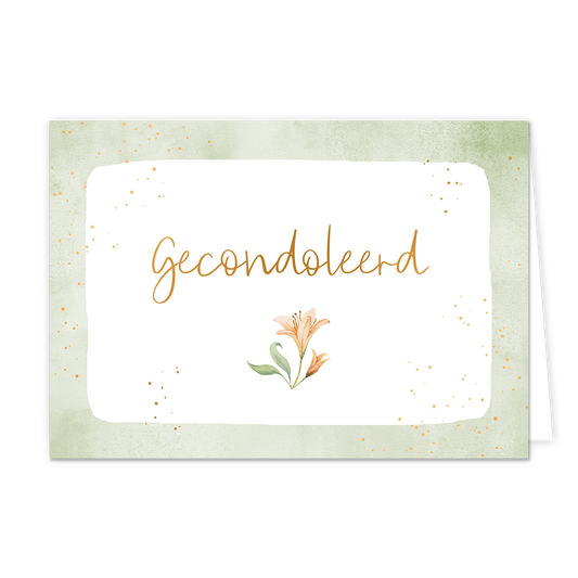 Gecondoleerd - Formaat: Normaal - Vorm: Liggend - Condoleance kaart - Op deze wenskaart staat een beige bloem met daarboven de tekst: "Gecondoleerd". - Snelwenskaart