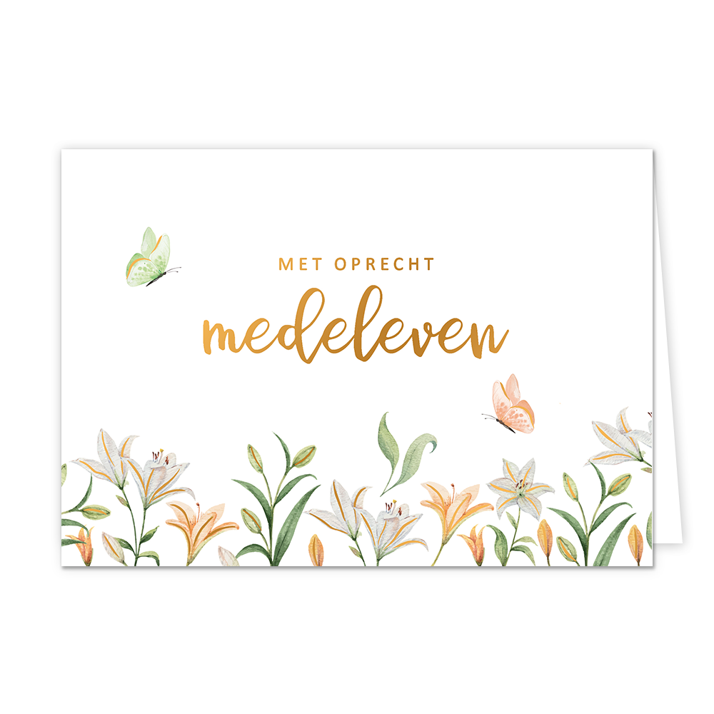 Met oprecht medeleven - Formaat: Normaal - Vorm: Liggend - Condoleance kaart - Op deze wenskaart staan bloemen en vlinders in de kleuren oranje, beige, wit, goud en groen, met daarboven de tekst: "Met oprecht medeleven". - Snelwenskaart