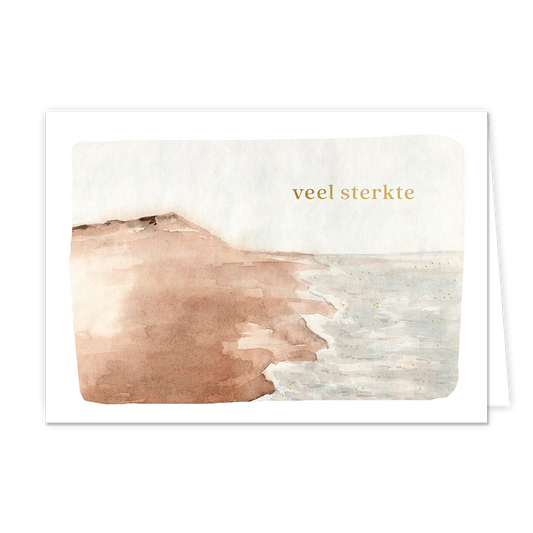 Veel sterkte - Formaat: Normaal - Vorm: Liggend - Sterkte kaart - Op deze artistieke wenskaart is een strand met de zee afgebeeld. In de illustratie staat de tekst: "Veel sterkte". - Snelwenskaart