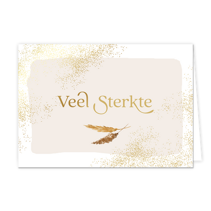 Veel sterkte - Formaat: Normaal - Vorm: Liggend - Sterkte kaart - Op deze wenskaart staat de tekst: "Veel sterkte" omringt door gouden stippen en twee veertjes. - Snelwenskaart