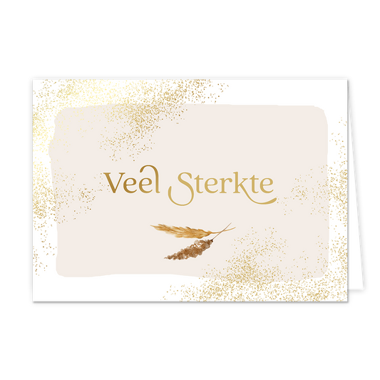 Veel sterkte - Formaat: Normaal - Vorm: Liggend - Sterkte kaart - Op deze wenskaart staat de tekst: "Veel sterkte" omringt door gouden stippen en twee veertjes. - Snelwenskaart