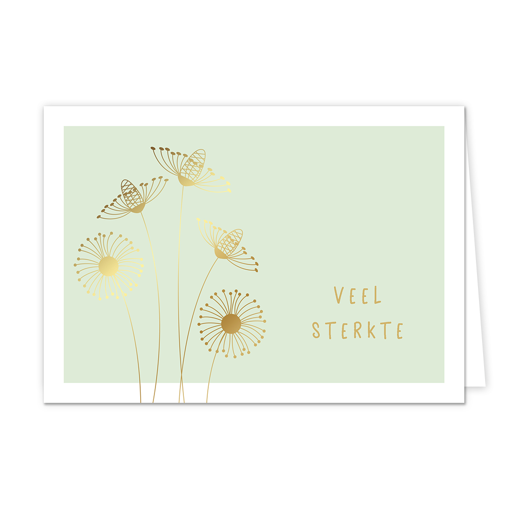 Veel sterkte - Formaat: Normaal - Vorm: Liggend - Sterkte kaart - Op deze wenskaart staan gouden bloemen met daarnaast de tekst: "Veel sterkte". - Snelwenskaart