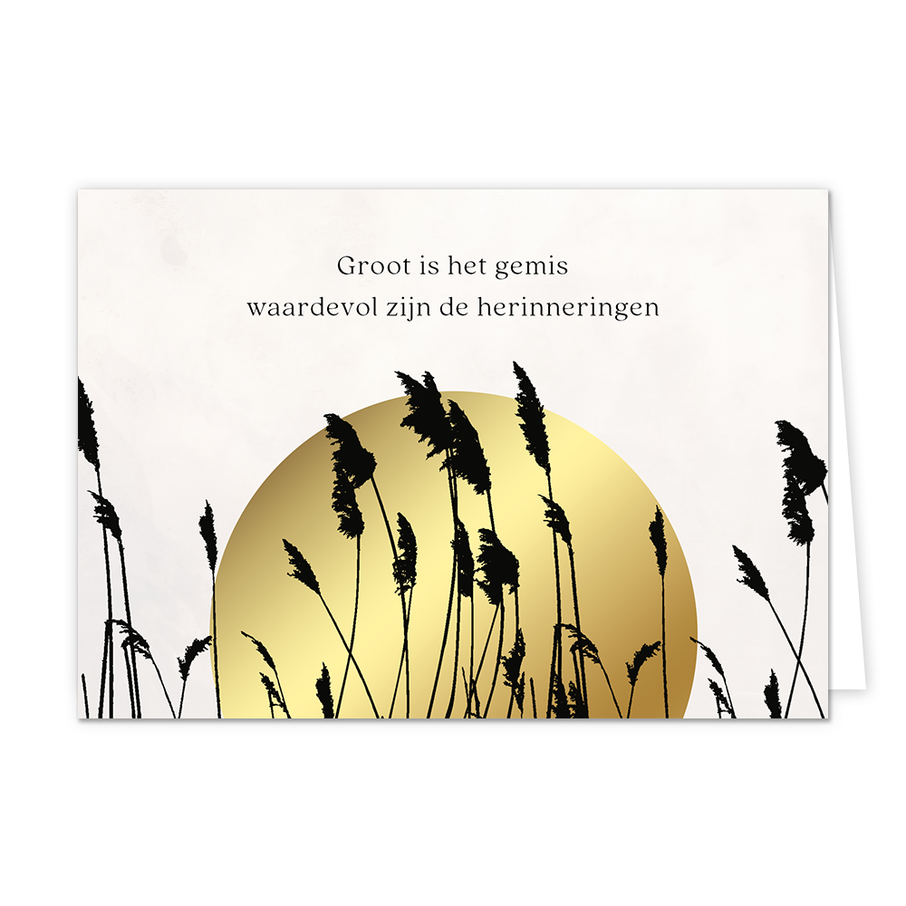 Groot is het gemis - Formaat: Standaard - Vorm: Liggend - Condoleance kaart - Op deze wenskaart staat zwarte varens voor een gouden zon met daarboven de tekst: "Groot is het gemis waardevol zijn de herinneringen". - Snelwenskaart