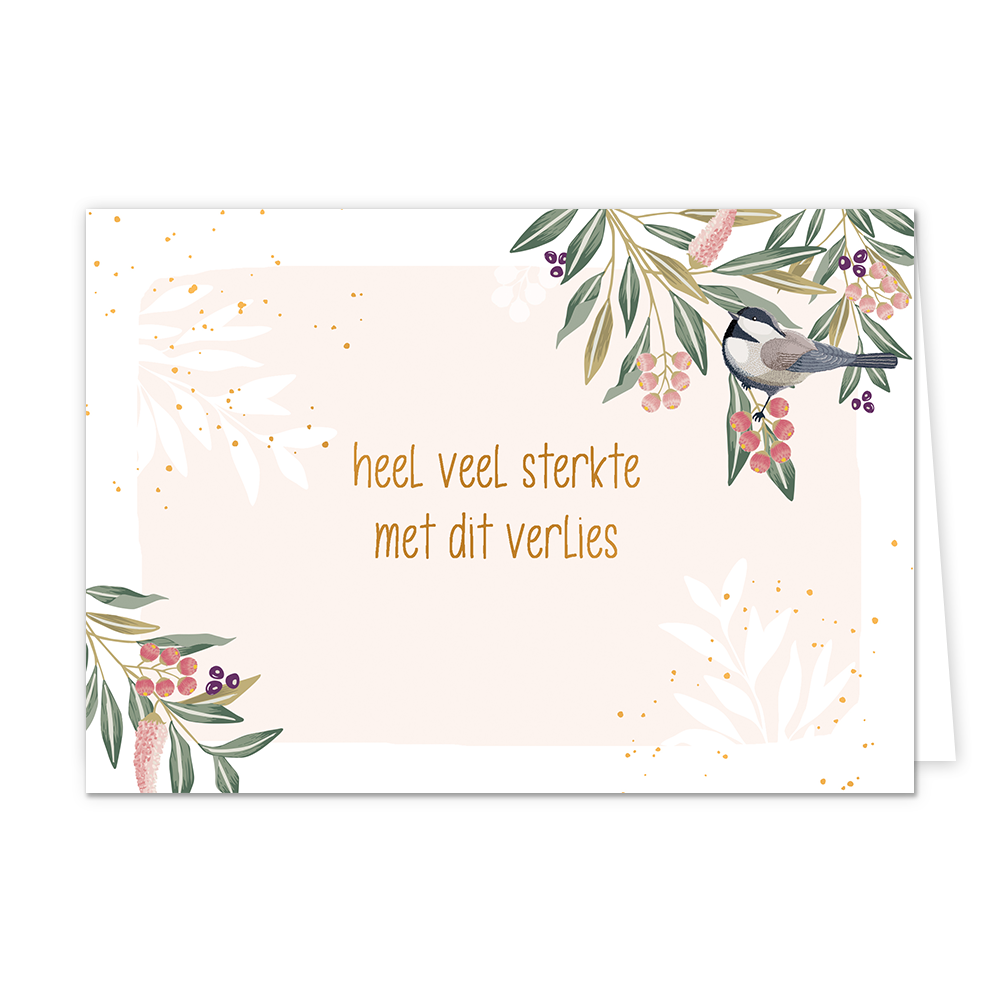 Heel veel sterkte met dit verlies - Formaat: Normaal - Vorm: Liggend - Condoleance kaart - Op deze wenskaart staan planten met roze, rode en paarse bloemen en een vogel. In het midden staat de tekst: "Heel veel sterkte met dit verlies". - Snelwenskaart