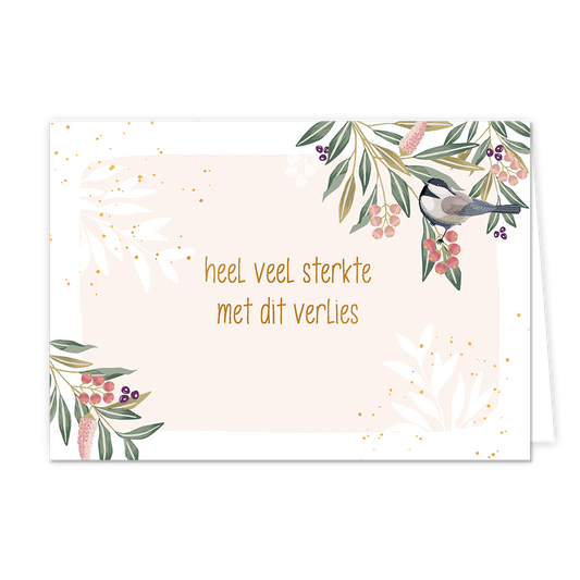 Heel veel sterkte met dit verlies - Formaat: Normaal - Vorm: Liggend - Condoleance kaart - Op deze wenskaart staan planten met roze, rode en paarse bloemen en een vogel. In het midden staat de tekst: "Heel veel sterkte met dit verlies". - Snelwenskaart