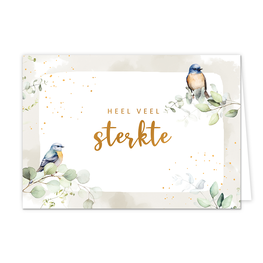 Heel veel sterkte - Formaat: Normaal - Vorm: Liggend - Sterkte kaart - Op deze wenskaart staan twee vogels die op takjes met groene bladeren zitten. In het midden staat de tekst: "Heel veel sterkte". - Snelwenskaart
