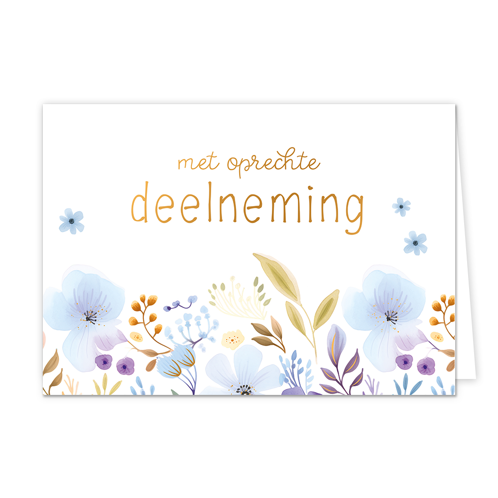 Met oprechte deelneming - Formaat: Normaal - Vorm: Liggend - Condoleance kaart - Op deze wenskaart staan bloemen in de kleuren blauw, paars, geel, oranje en goud. Daarboven staat de tekst: "Met oprechte deelneming". - Snelwenskaart
