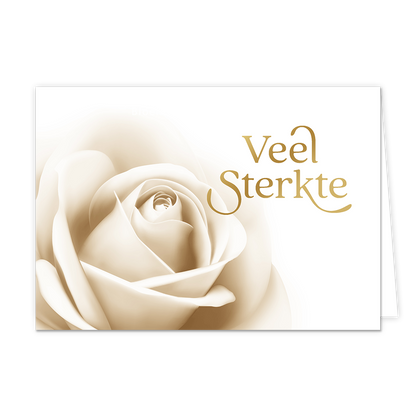Veel sterkte - Formaat: Normaal - Vorm: Liggend - Sterkte kaart - Op deze wenskaart staat een witte roos met daarnaast de tekst: "Veel sterkte". - Snelwenskaart