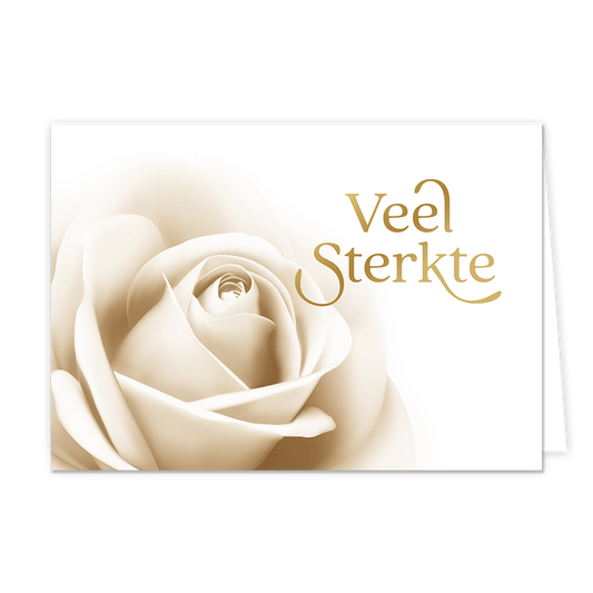 Veel sterkte - Formaat: Normaal - Vorm: Liggend - Sterkte kaart - Op deze wenskaart staat een witte roos met daarnaast de tekst: "Veel sterkte". - Snelwenskaart