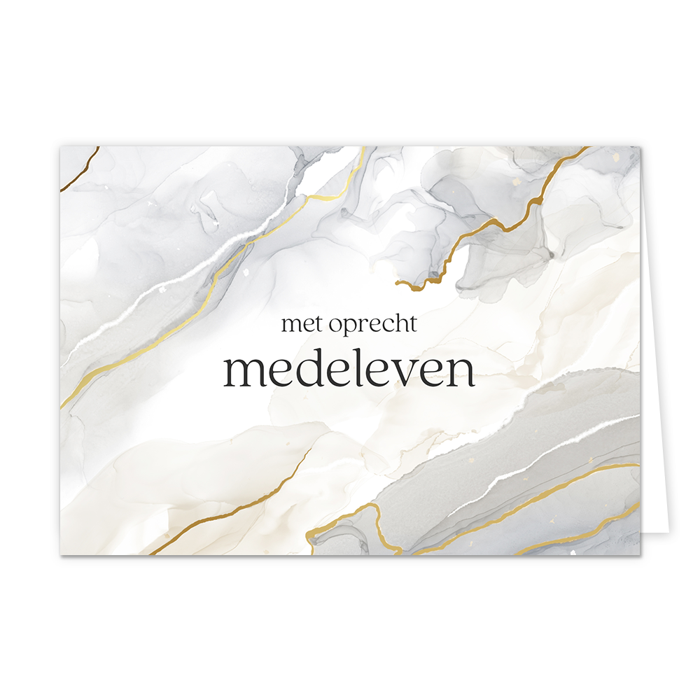 Met oprecht medeleven - Formaat: Standaard - Vorm: Liggend - Condoleance kaart - Op deze artistieke wenskaart staat een ontwerp met de kleuren goud, wit, beige en grijs. In het midden staat de tekst: "Met oprecht medeleven". - Snelwenskaart