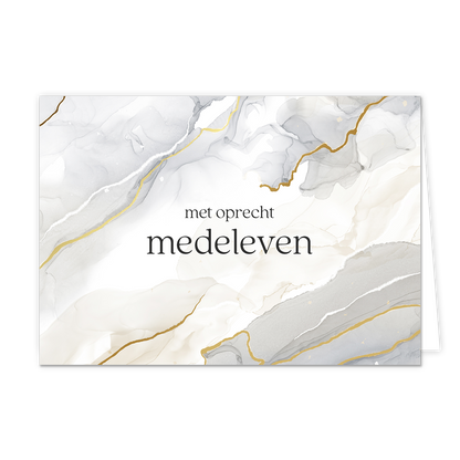 Met oprecht medeleven - Formaat: Standaard - Vorm: Liggend - Condoleance kaart - Op deze artistieke wenskaart staat een ontwerp met de kleuren goud, wit, beige en grijs. In het midden staat de tekst: "Met oprecht medeleven". - Snelwenskaart