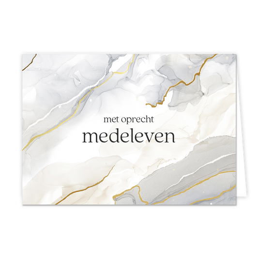 Met oprecht medeleven - Formaat: Normaal - Vorm: Liggend - Condoleance kaart - Op deze artistieke wenskaart staat een ontwerp met de kleuren goud, wit, beige en grijs. In het midden staat de tekst: "Met oprecht medeleven". - Snelwenskaart