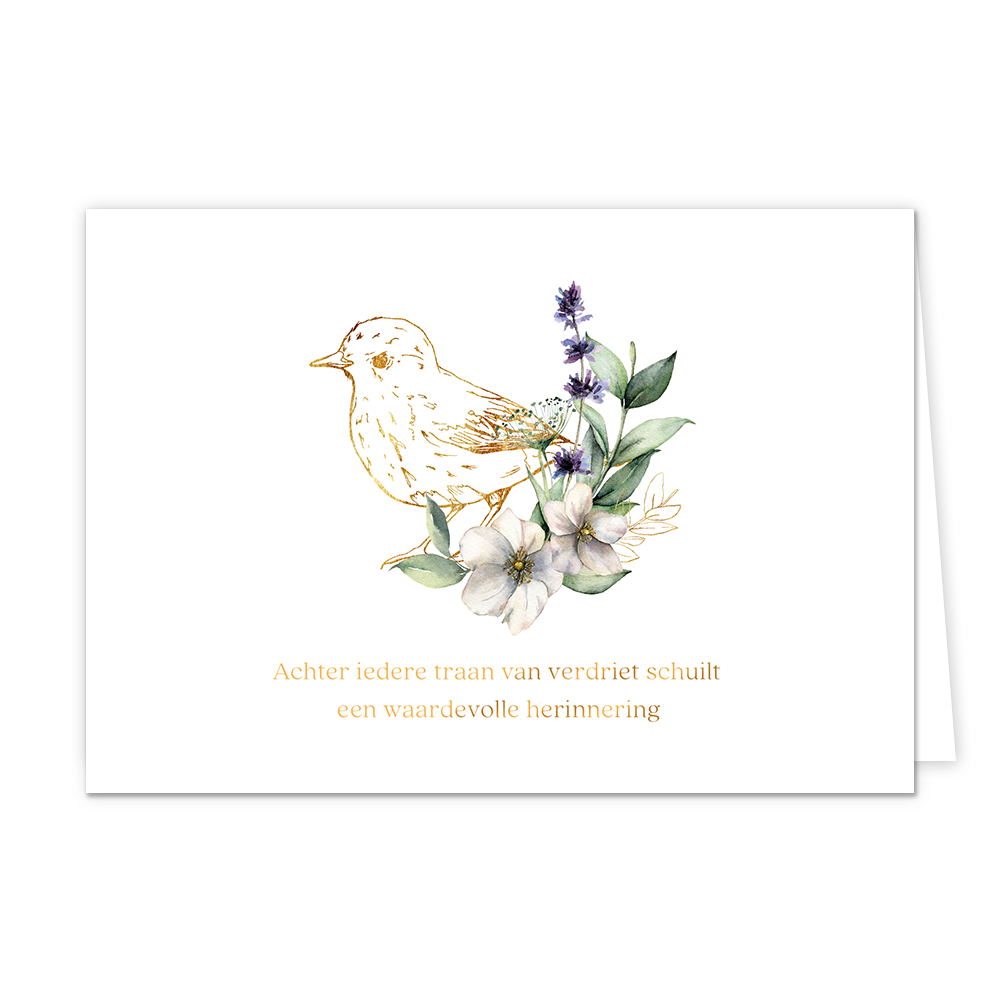 Achter iedere traan van verdriet - Formaat: Normaal - Vorm: Liggend - Condoleance kaart - Op deze wenskaart staat een gouden vogel met een bloemetje ernaast. Onder de illustratie staat de tekst: "Achter iedere traan van verdriet schuilt een waardevolle herinnering". - Snelwenskaart