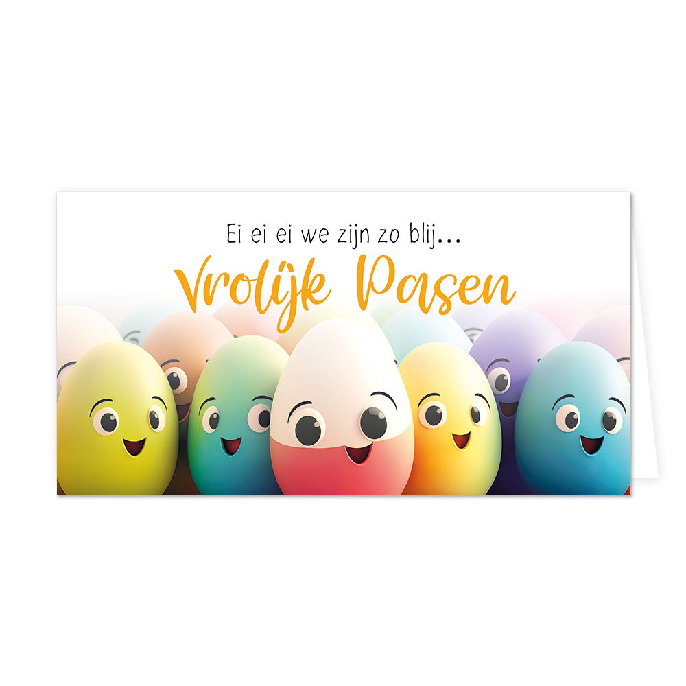 Ei ei ei we zijn zo blij... vrolijk pasen - Formaat: Groot - Vorm: Liggend - Paaskaart - Op deze paaskaart staan gekleurde eiren met smileys erop, daarboven staat de tekst: "Ei ei ei we zijn zo blij... Vrolijk pasen". - Snelwenskaart