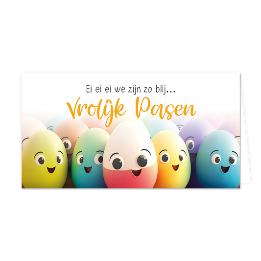 Ei ei ei we zijn zo blij... vrolijk pasen - Formaat: Groot - Vorm: Liggend - Paaskaart - Op deze paaskaart staan gekleurde eiren met smileys erop, daarboven staat de tekst: "Ei ei ei we zijn zo blij... Vrolijk pasen". - Snelwenskaart