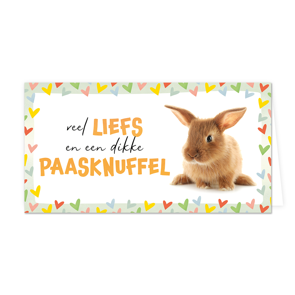 Veel liefs en een dikke paasknuffel - Formaat: Groot - Vorm: Liggend - Paaskaart - Op deze paaskaart staat een konijn met de tekst: "Veel liefs en een dikke paasknuffel". - Snelwenskaart