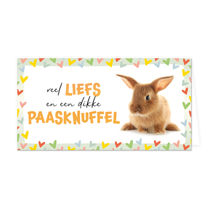 Veel liefs en een dikke paasknuffel - Formaat: Groot - Vorm: Liggend - Paaskaart - Op deze paaskaart staat een konijn met de tekst: "Veel liefs en een dikke paasknuffel". - Snelwenskaart