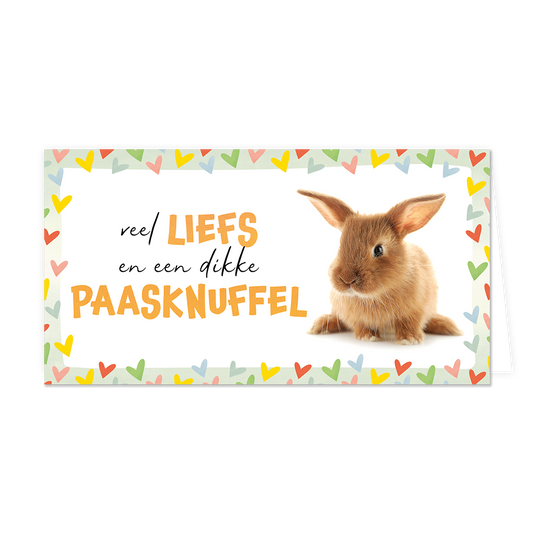 Veel liefs en een dikke paasknuffel - Formaat: Groot - Vorm: Liggend - Paaskaart - Op deze paaskaart staat een konijn met de tekst: "Veel liefs en een dikke paasknuffel". - Snelwenskaart
