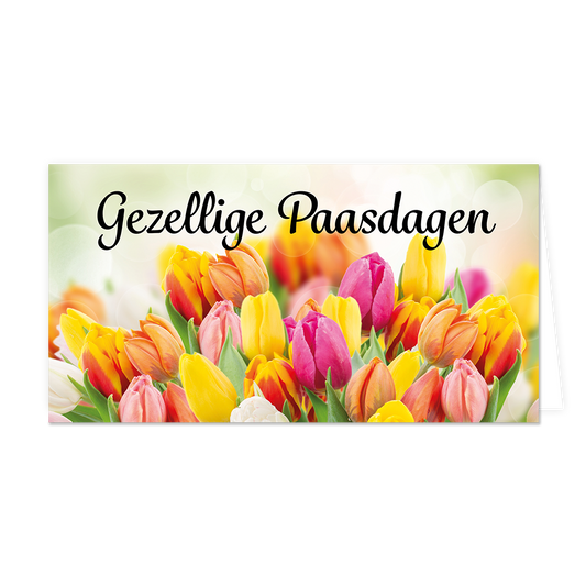 Gezellige paasdagen - Formaat: Groot - Vorm: Liggend - Paaskaart - Op deze paaskaart staan tulpen in de kleuren geel, oranje, paars, roze en wit met de tekst: "Gezellige paasdagen". - Snelwenskaart