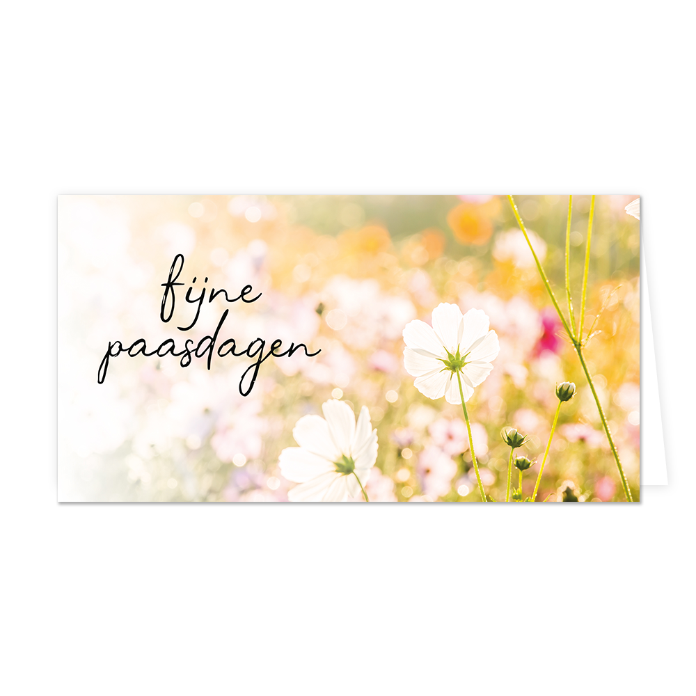 Fijne paasdagen - Formaat: Groot - Vorm: Liggend - Paaskaart - Op deze paaskaart staat een bloemenveld met de tekst: "Fijne paasdagen". - Snelwenskaart