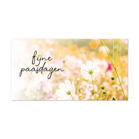 Fijne paasdagen - Formaat: Groot - Vorm: Liggend - Paaskaart - Op deze paaskaart staat een bloemenveld met de tekst: "Fijne paasdagen". - Snelwenskaart