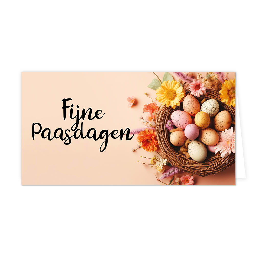 Fijne paasdagen - Formaat: Groot - Vorm: Liggend - Paaskaart - Op deze paaskaart staan gekleurde eiren in een vogelnestje met de tekst: "Fijne paasdagen". - Snelwenskaart