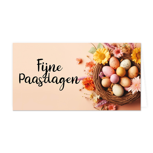 Fijne paasdagen - Formaat: Groot - Vorm: Liggend - Paaskaart - Op deze paaskaart staan gekleurde eiren in een vogelnestje met de tekst: "Fijne paasdagen". - Snelwenskaart