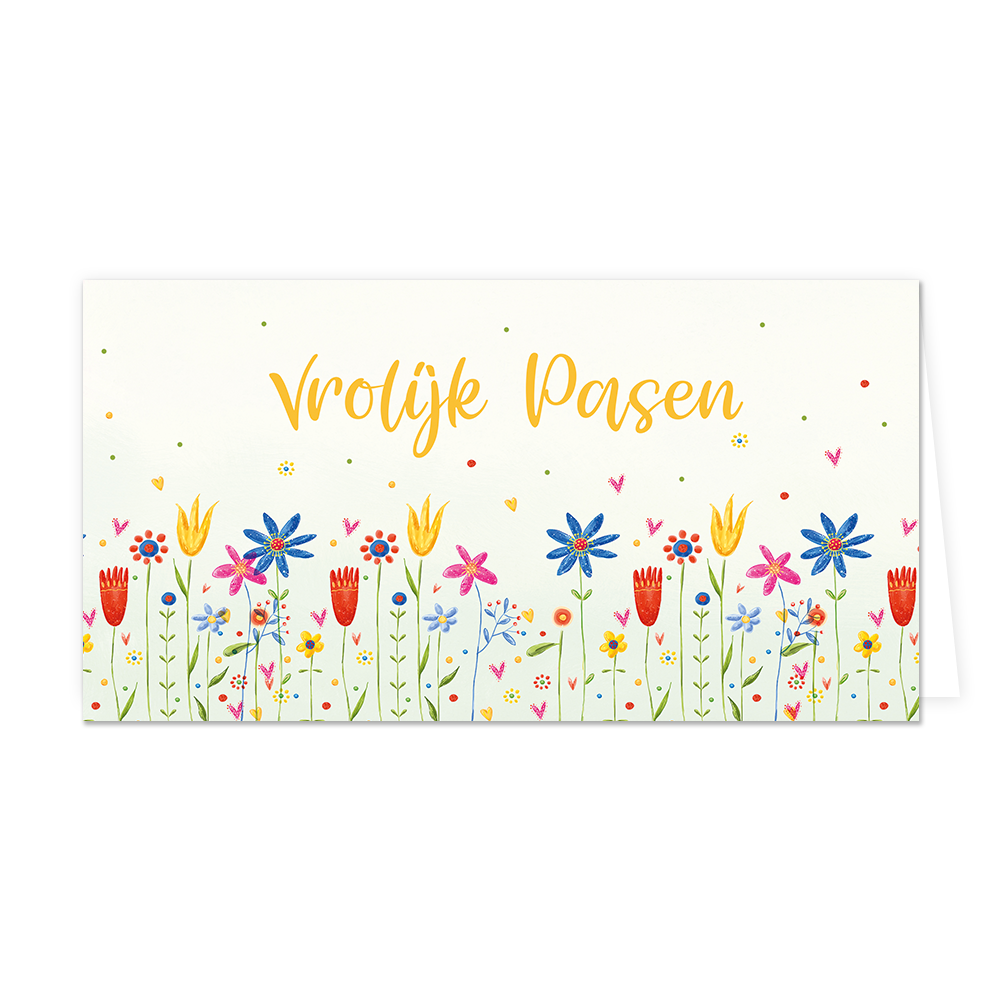 Vrolijk pasen - Formaat: Groot - Vorm: Liggend - Paaskaart - Op deze paaskaart staan bloemen in diverse kleuren met daarboven de tekst: "Vrolijk pasen". - Snelwenskaart