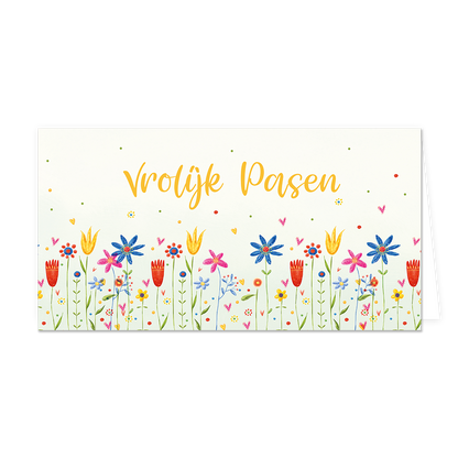 Vrolijk pasen - Formaat: Groot - Vorm: Liggend - Paaskaart - Op deze paaskaart staan bloemen in diverse kleuren met daarboven de tekst: "Vrolijk pasen". - Snelwenskaart