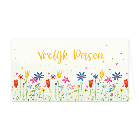 Vrolijk pasen - Formaat: Groot - Vorm: Liggend - Paaskaart - Op deze paaskaart staan bloemen in diverse kleuren met daarboven de tekst: "Vrolijk pasen". - Snelwenskaart
