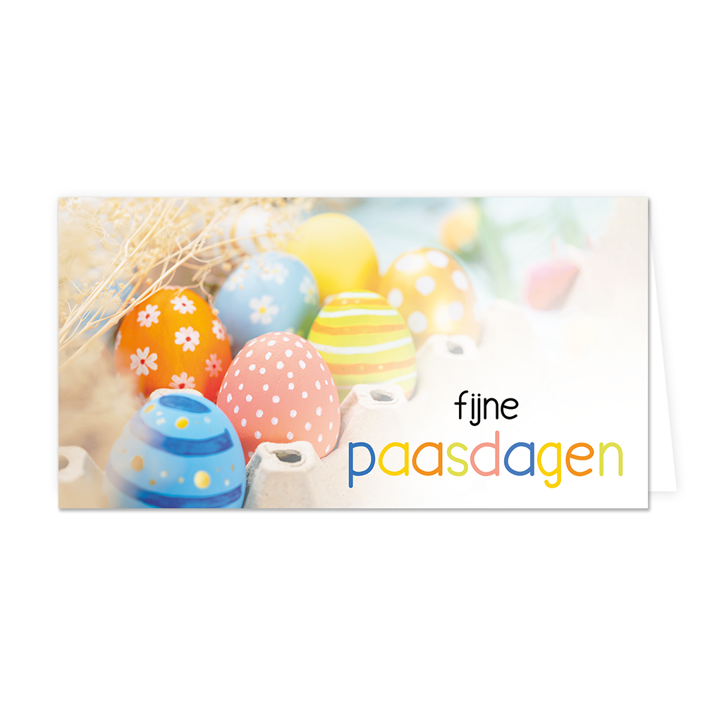 Fijne paasdagen - Formaat: Groot - Vorm: Liggend - Paaskaart - Op deze paaskaart staan gekleurde eieren in een eierdoos met de tekst: "Fijne paasdagen". - Snelwenskaart