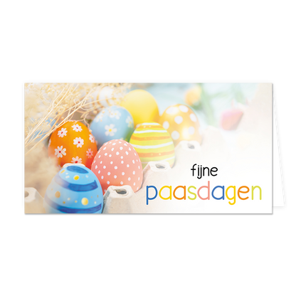 Fijne paasdagen - Formaat: Groot - Vorm: Liggend - Paaskaart - Op deze paaskaart staan gekleurde eieren in een eierdoos met de tekst: "Fijne paasdagen". - Snelwenskaart