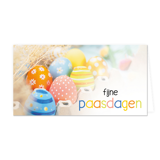 Fijne paasdagen - Formaat: Groot - Vorm: Liggend - Paaskaart - Op deze paaskaart staan gekleurde eieren in een eierdoos met de tekst: "Fijne paasdagen". - Snelwenskaart