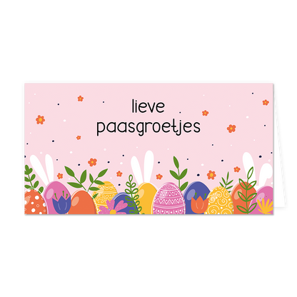 Lieve paasgroetjes - Formaat: Groot - Vorm: Liggend - Paaskaart - Op deze paaskaart staan gekleurde eieren met daarboven de tekst: "Lieve paasgroetjes". - Snelwenskaart