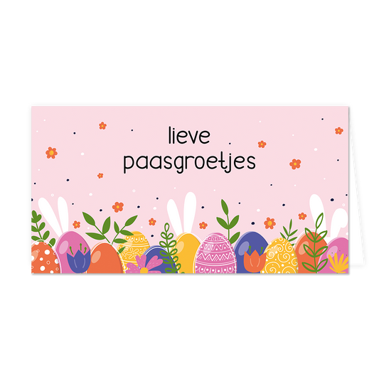 Lieve paasgroetjes - Formaat: Groot - Vorm: Liggend - Paaskaart - Op deze paaskaart staan gekleurde eieren met daarboven de tekst: "Lieve paasgroetjes". - Snelwenskaart